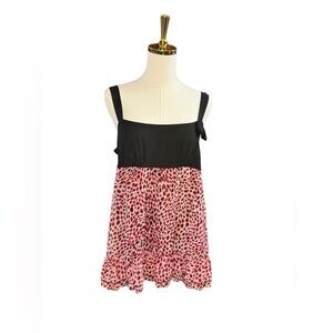 Be Yourself Black Top Pink Leopard-Print Ruffle Tank with Bow Size L